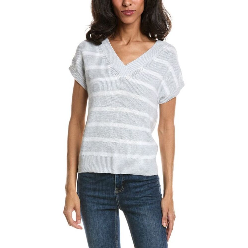 Forte Womens  Stripe Cap Sleeve V-Neck Sweater, White